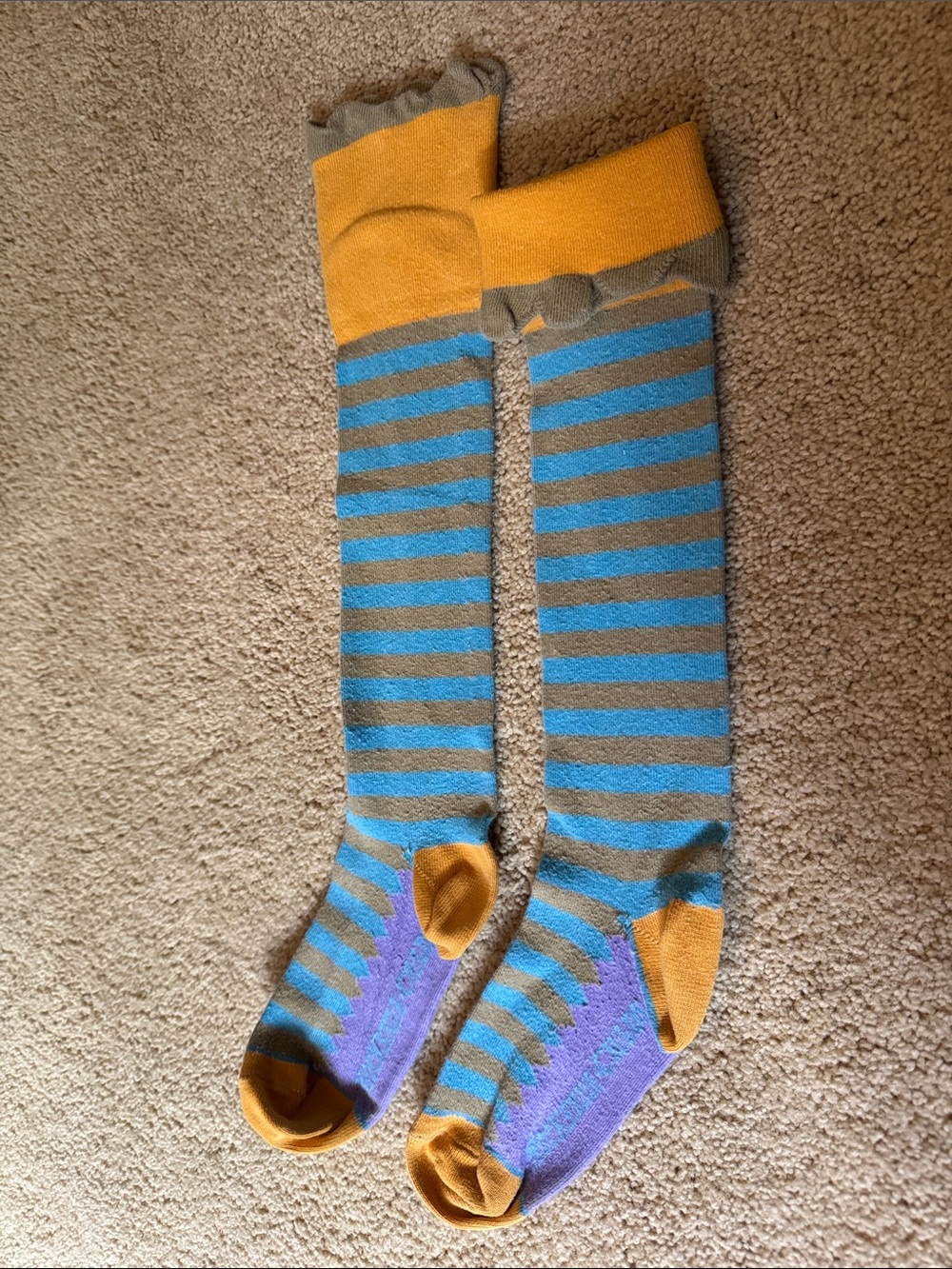 MacKenzie-Childs Blue and Gold Striped Knee-High Socks with Purple Accents